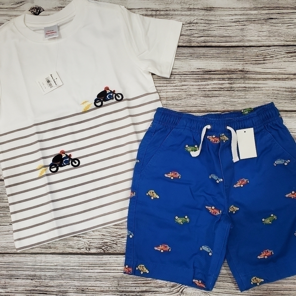Hanna Andersson Embroidered T-Shirt and Shorts Race Cars Summer Set NWT